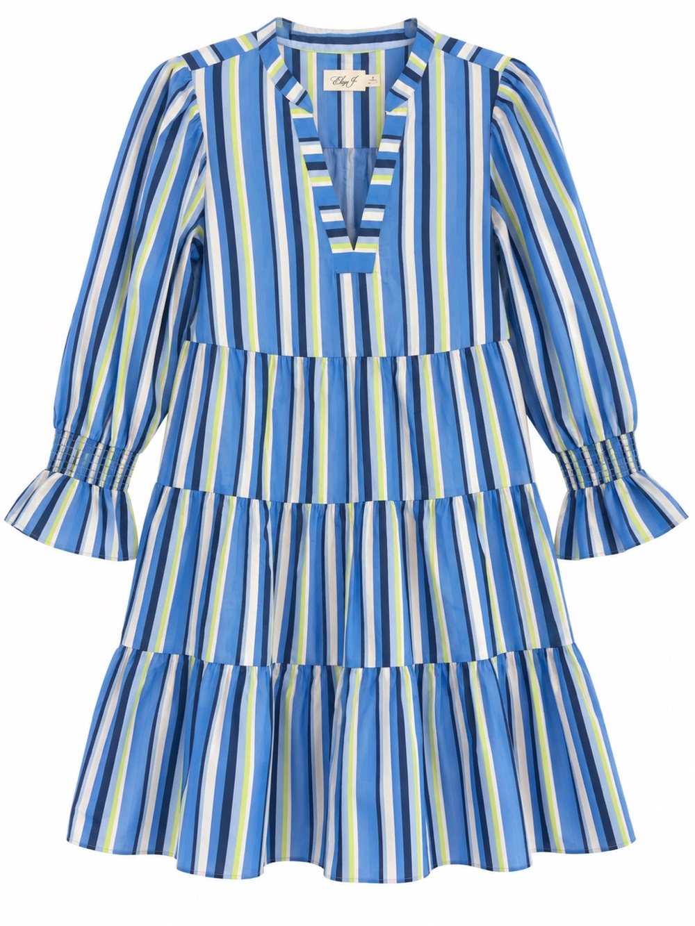 Eliza J Tiered Three Quarter Sleeve Dress Womens 8 Blue Excellent Striped V-Neck - Picture 2 of 9